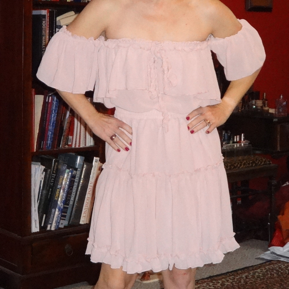 NEW Pale Pink Chiffon Off-Shoulder Flowy Dress!